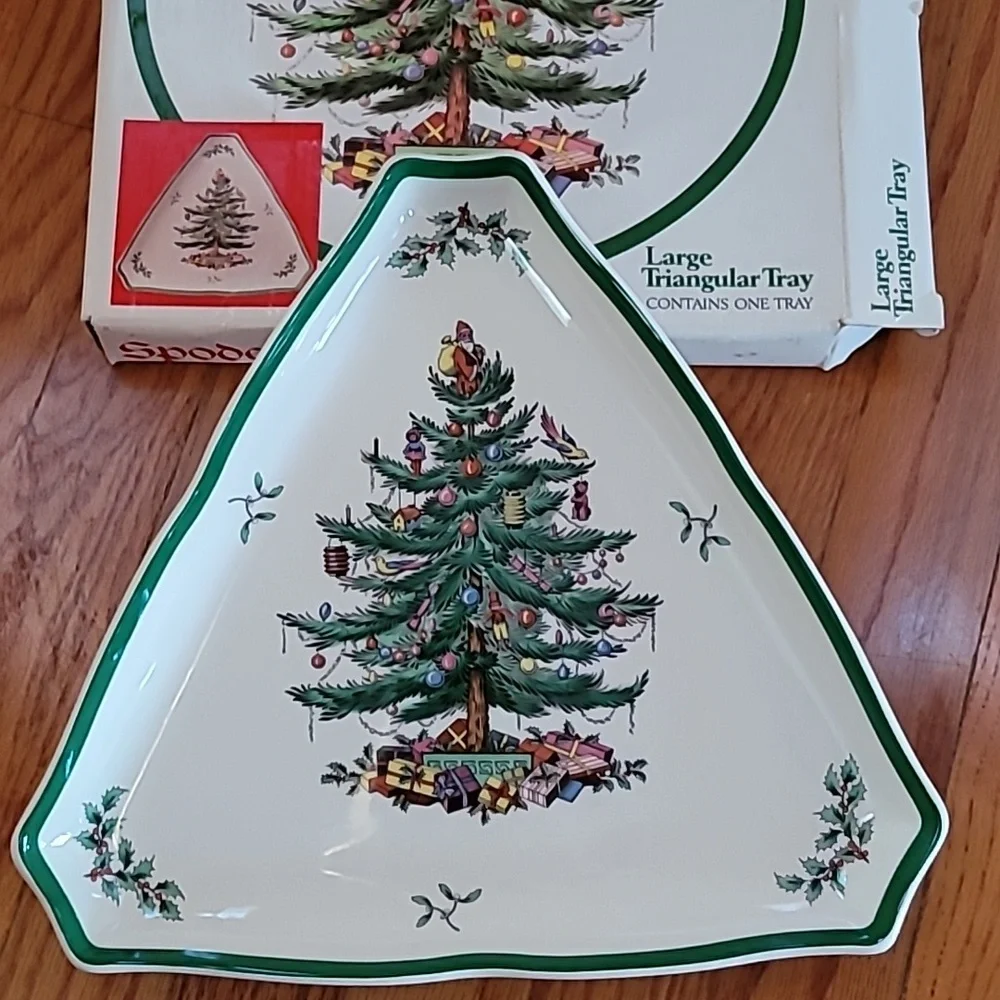 Vintage Fine Porcelain Spode Christmas Tree Large Triangle Tray Plate & Box
